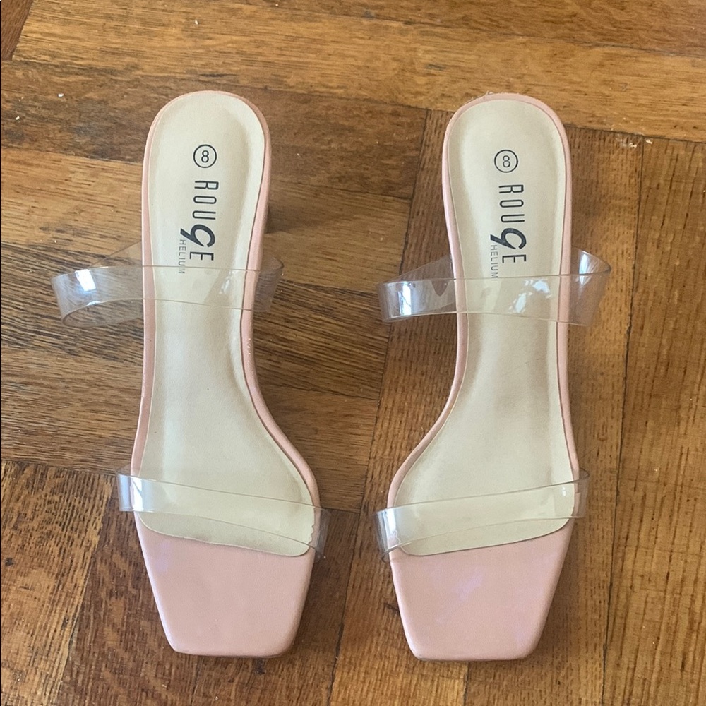 Rouge Helium Pink Square-Toe Heels with Transparent Block Heel